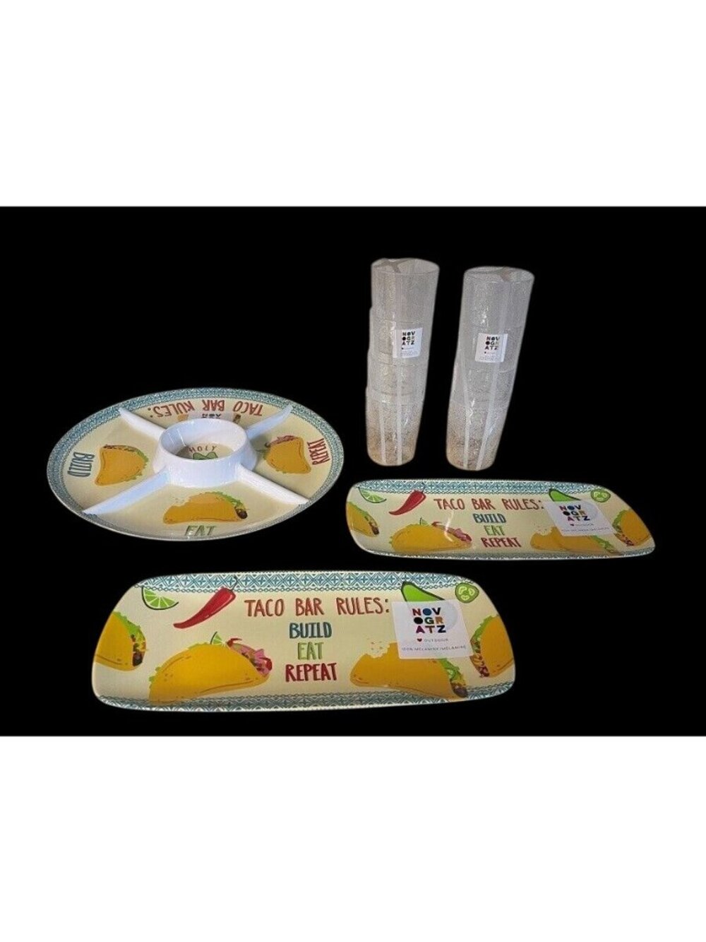 Novogratz 11-Piece Melamine Taco Platter Set with Chip & Dip Cups - New